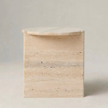 Dream Home Modern Beige Travertine Side Table Round Top Triangular Shelf Base Minimalist Living Room Sofa Accent Table