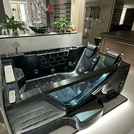 Black Acrylic Freestanding Modern Massage Bathtub with Whirlpool & Drainer 10-year Warranty for Hotel Use and Soaking