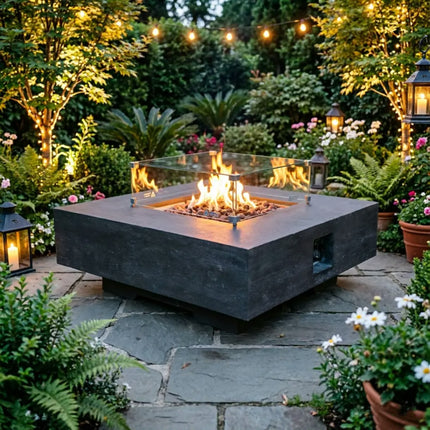 modern fire pit table, luxury outdoor fire pit, square gas fire pit, patio fire table, outdoor gas fireplace, tempered glass wind guard, backyard fire pit, garden fire table, propane fire pit table, contemporary fire pit, outdoor heating table,