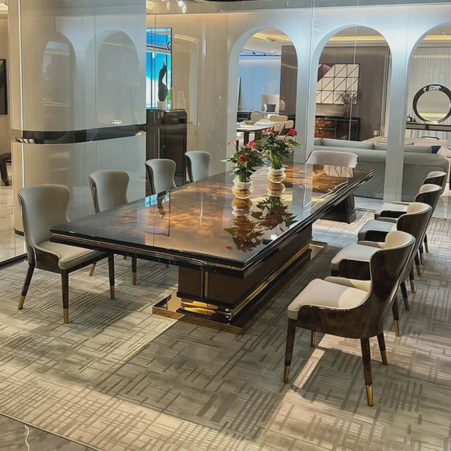Nordic Luxury Modern 10-Seater Rectangular Dining Table – Wood Veneer Top with Metal Base, Perfect for Mansions and Villas