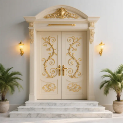 Customize Luxury Italian-style Villa with White Carved Wooden Double Doors at the Entrance