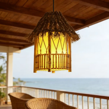 Tropical Thatched Bamboo Pendant Light Wabi Sabi Woven Hanging Lamp for Beach Resort Balcony Restaurant bar Decor