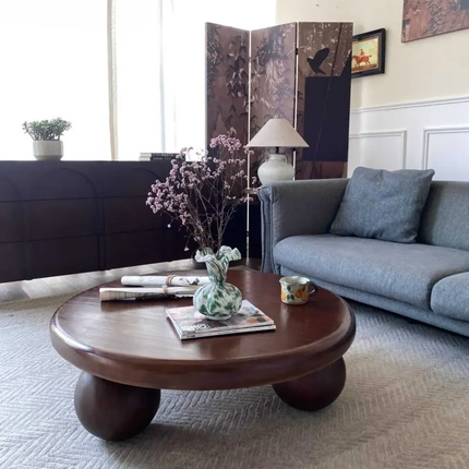 Made of concrete Solid Wood Coffee Table Three Big Spherical Thick Legs Wabi Sabi Retro American Mid-Century Style For Living Room Villa Lounge