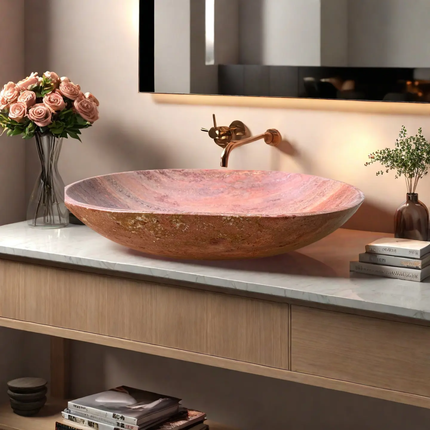 Oval Red Travertine Marble Counter Top Sink Polished Natural Stone Bathroom Basin Factory Direct Custom Size For Hotel Villa