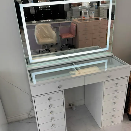 Modern MDF Makeup Vanity Table Set  with 9 Drawers  Large Storage Pink Princess Mirror for Bedroom & Bathroom Furniture