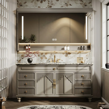 French retro bathroom vanity with ceramic basin and smart mirror Eco-friendly storage for hotel & villa bathrooms