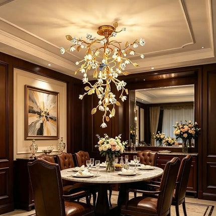 Luxury Copper Tree Branch Ceiling Light Handmade Ceramic Flower Bird Chandelier 2-in-1 Semi-Flush Pendant Light for Villa Hotel