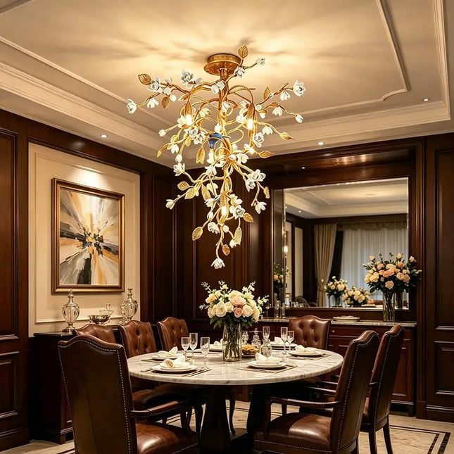 Luxury Copper Tree Branch Ceiling Light Handmade Ceramic Flower Bird Chandelier 2-in-1 Semi-Flush Pendant Light for Villa Hotel