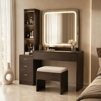 Modern Custom Makeup Vanity Dresser With LED Mirror Drawers & Storage Cabinet-Wooden Bedroom Furniture