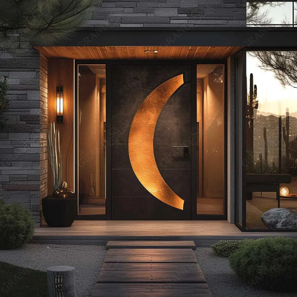 Luxury Hight-End American Modern Exterior Stainless Steel Front Entrance Door 3D Brown Solid Wood Entry Pivot Door For Houses