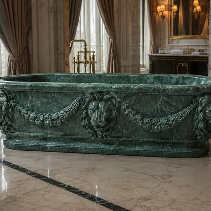 High End White Marble Bathtub With Lion Head And Scroll Carving Freestanding Luxury Stone Tub For Hotel Bathroom Decor