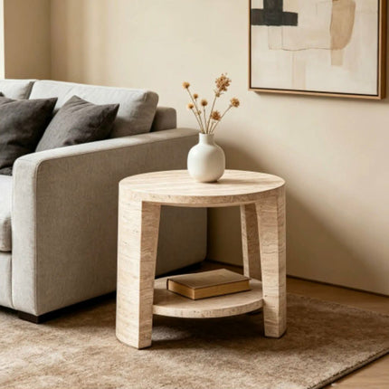 Honed Banded Travertine Side Table Upper and Lower Round Layers Hollow Middle Space Resort Hotel Guest Bedside Table