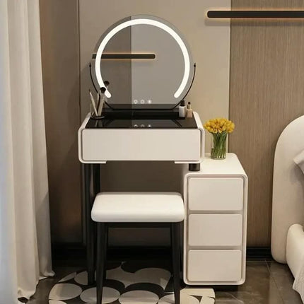 Modern Luxury 60cm Adjustable LED Dressing Table Mirror Cream Wooden Makeup Cabinet For Small Apartments Hotels & School Use