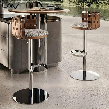 Italian Style Villa Dining Room Adjustable Luxury Bar Chair Hotel Restaurant Metal Frame Brown Leather High Chair Furniture