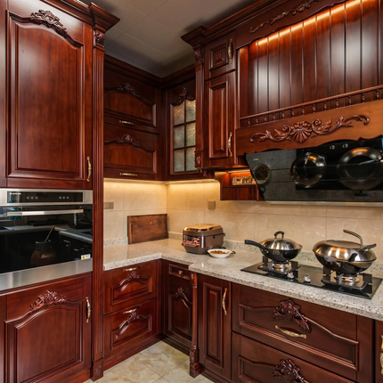 Custom Luxury Red Oak and Red Walnut Solid Wood Door Wooden Kitchen Cabinets with Painted Plywood Cabinet Body Kitchen Island