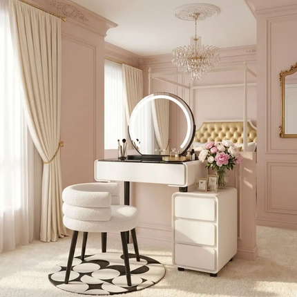 Modern Luxury 60cm Adjustable LED Dressing Table Mirror Cream Wooden Makeup Cabinet For Small Apartments Hotels & School Use