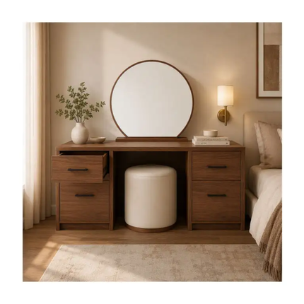 Warm Walnut Wood Finish 4-Drawer Vanity Table Freestanding Dressing Table for Bedroom 1300×805×420mm,Mirror Optional