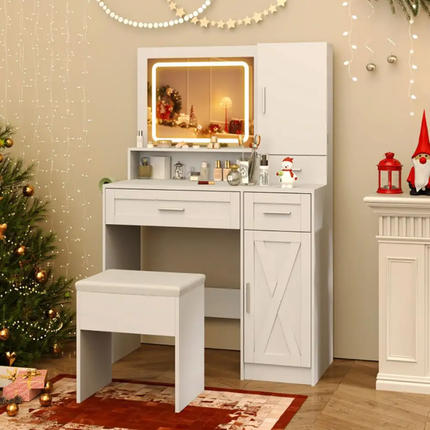 Makeup Vanity Desk Removable Mirror Lights Storage Drawers Stool Set Modern White Wood Plywood Panel Bedroom Furniture(Floor
