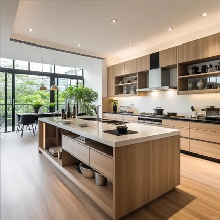 Modern European Style Solid Wood Kitchen Cabinets Modular Design With LED Shelves, Built-in Appliances