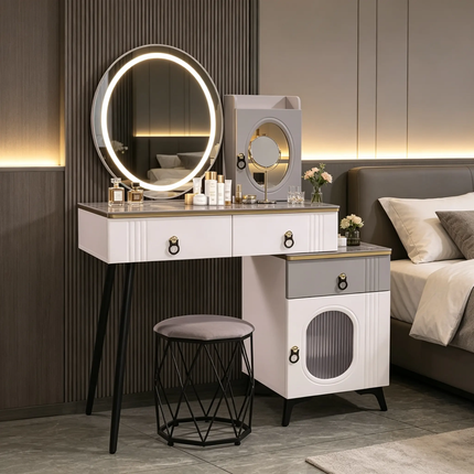 Modern Luxury Minimalist Solid Wood Durable Customizable Multi-Purpose Makeup Vanity Lighted Oval Mirror Storage Drawers  Bedroom
