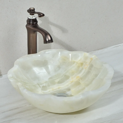 Luxury White Onyx Marble Stone Wash Basin Home Decor Washroom Flower Shape Art Vessel Sink Vanity Table Top Sink Basin