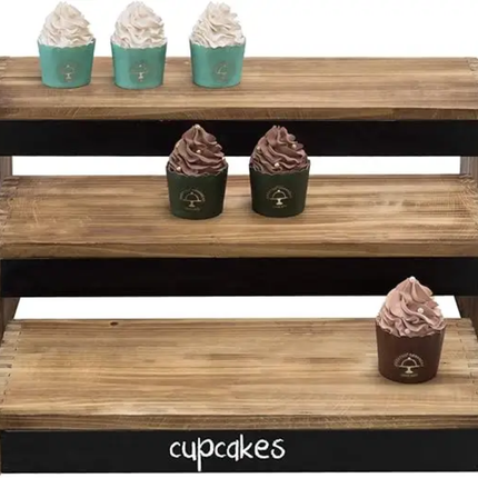 3 Layers Rustic Burnt Dark Wood Cake Dessert Display Riser Stand With Blackboard Board