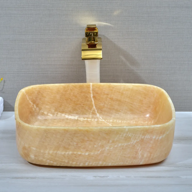 Popular Design Modern Natural Stone Marble  Kitchen Hotel Sink Rectangle Yellow Onyx Bathroom Vanity Countertop Wash Basin