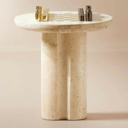 Multifunctional Modern Marble Coffee End Table Round Brass Inlay and White Travertine Game Side Table