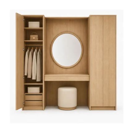 Modern Full Height Vanity Set with Round Mirror Cabinet and Wooden and Dressing Table  Cream White for Master Bedroom