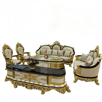 Royal Cream Gold Hand Carved Classic Sofa Set of Supreme Grandeur