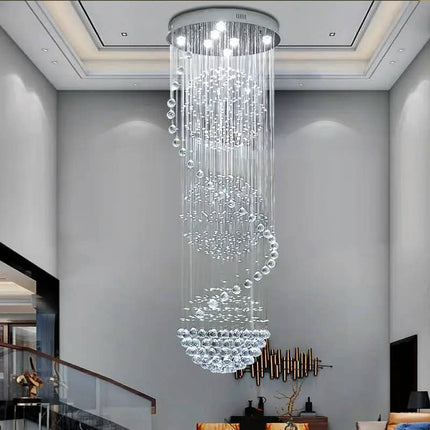 Long Nordic Modern Silver Crystal LED Chandelier for Hotel Lobby and Staircase High Ceiling Hanging Luxury Lighting