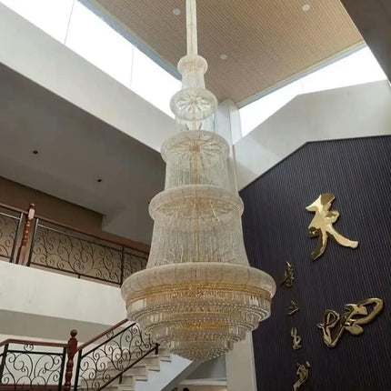 Multi Tier Conical Tower Crystal Strand Chandelier Gold Frame Full Layer Waterfall Hanging Light LED 3-Year Warranty Hotel Lobby
