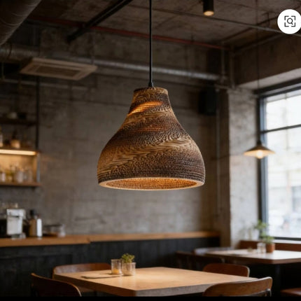 Industrial Wooden Pendant Light – Sculptural Hanging Ceiling Lamp for Café or Dining Room, Warm Rustic Ambient Lighting Fixture