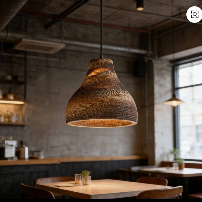Industrial Wooden Pendant Light – Sculptural Hanging Ceiling Lamp for Café or Dining Room, Warm Rustic Ambient Lighting Fixture
