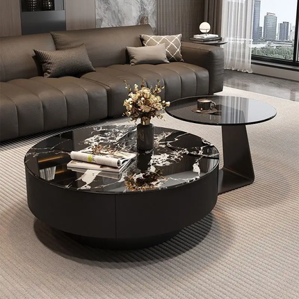Made of concrete High-End Black Glass Coffee Table Living Room Home Minimalist Light Luxury Coffee Table Modern Simple Black Round Combination