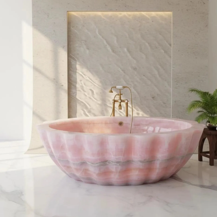 Custom Pink Onyx Marble Bathtub Luxury Freestanding Stone Soaking Tub Hand Carved Designer Bathroom Statement