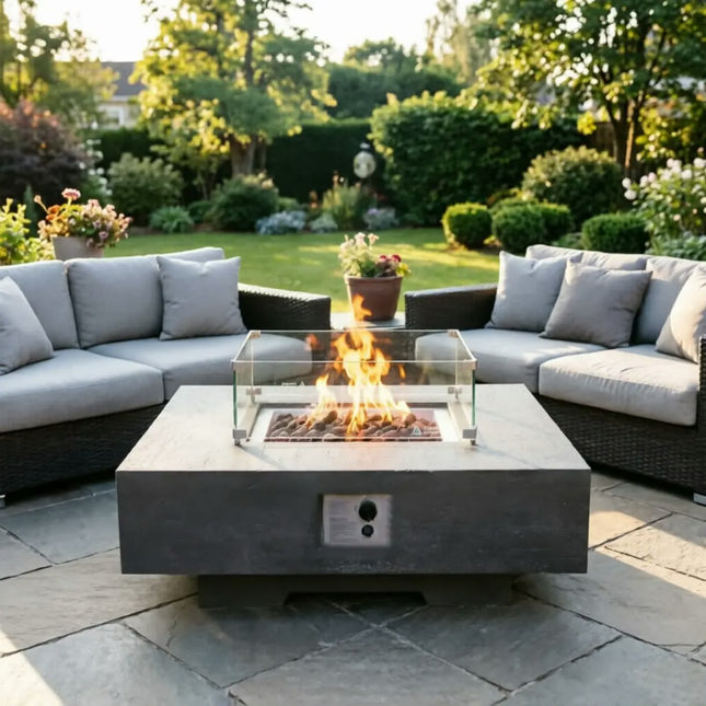 Modern Backyard Fire Pit Table with Tempered Glass Wind Shield