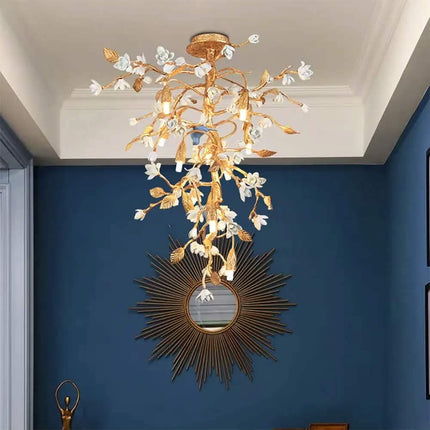 Luxury Copper Tree Branch Ceiling Light Handmade Ceramic Flower Bird Chandelier 2-in-1 Semi-Flush Pendant Light for Villa Hotel