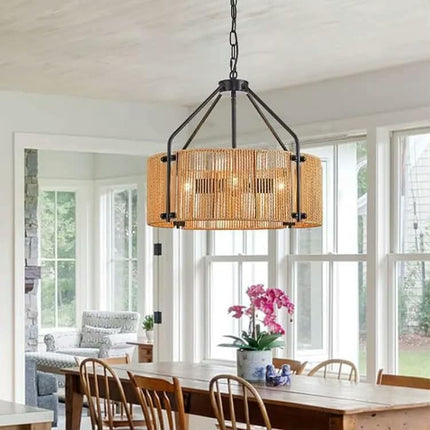 Rattan Pendant Light Hand Woven Wicker Chandelier Adjustable Chain for Dining Room Living Room Kitchen Island Farmhouse Decor