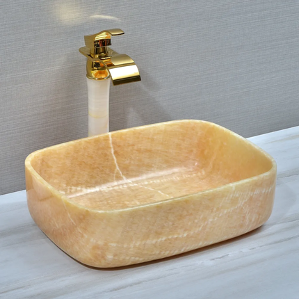 Popular Design Modern Natural Stone Marble  Kitchen Hotel Sink Rectangle Yellow Onyx Bathroom Vanity Countertop Wash Basin