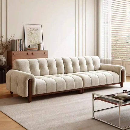 Modern Square Tufted Fabric Sofa Three Seat with Wood Legs Chesterfield Style Living Room Furniture