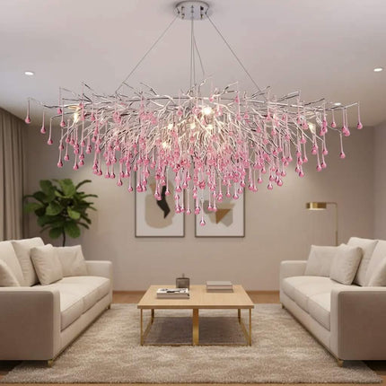 Round Tree Twig Branch Modern Farmhouse Accent Dining Table Living Room Pink Crystal Chandelier Pendant Lighting Fixture