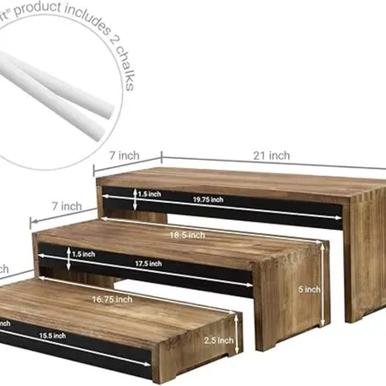3 Layers Rustic Burnt Dark Wood Cake Dessert Display Riser Stand With Blackboard Board