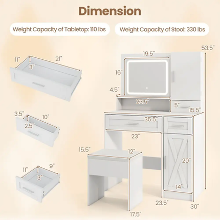 Makeup Vanity Desk Removable Mirror Lights Storage Drawers Stool Set Modern White Wood Plywood Panel Bedroom Furniture(Floor