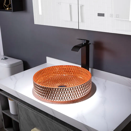 New Arrival Diamond Design Bathroom Sanitary Ware Luxury Orange Unique Glass WashBasin