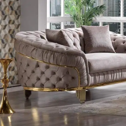 Contemporary 3-Seater Chesterfield Loveseat Set Fabric Button Sectional Sofa Metal Frame