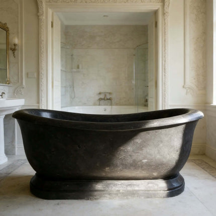 Hand Carved Freestanding Oval Shaped Solid Black Marble Soaking Bath Tub Marble Bathtub
