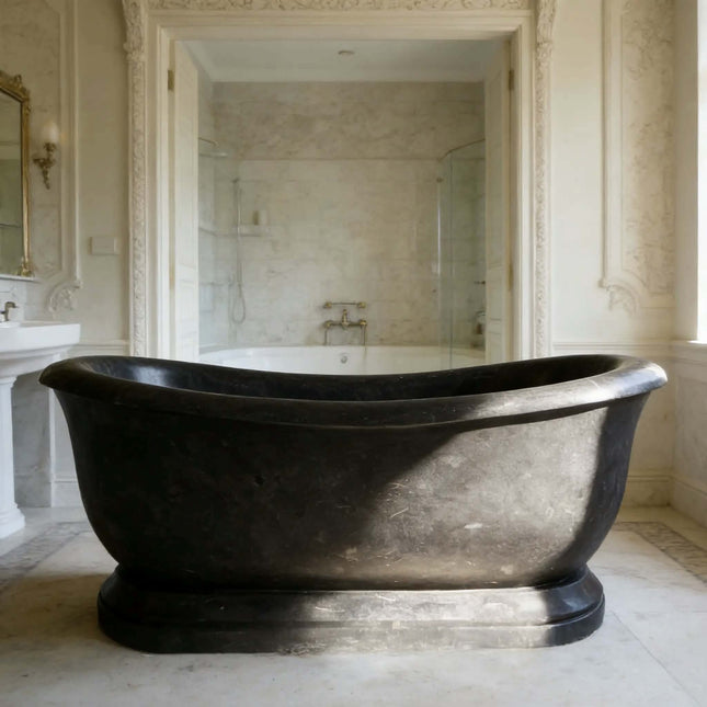 Hand Carved Freestanding Oval Shaped Solid Black Marble Soaking Bath Tub Marble Bathtub