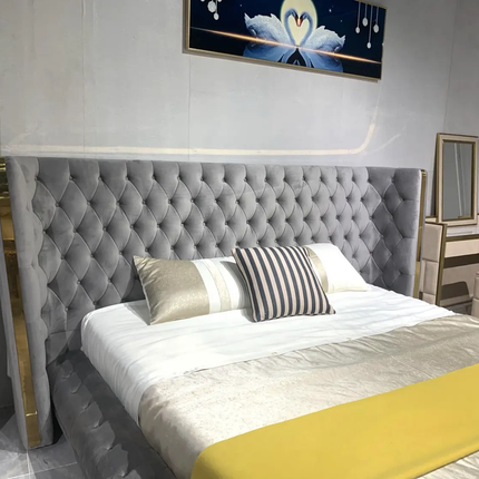 Opulent Grey King Bed - Modern Italian Design, Button-tufted Premium Fabric with Gold Accents