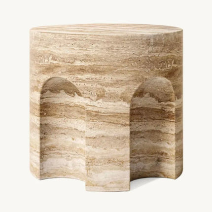 Honed Banded Travertine Side Table Upper and Lower Round Layers Hollow Middle Space Resort Hotel Guest Bedside Table